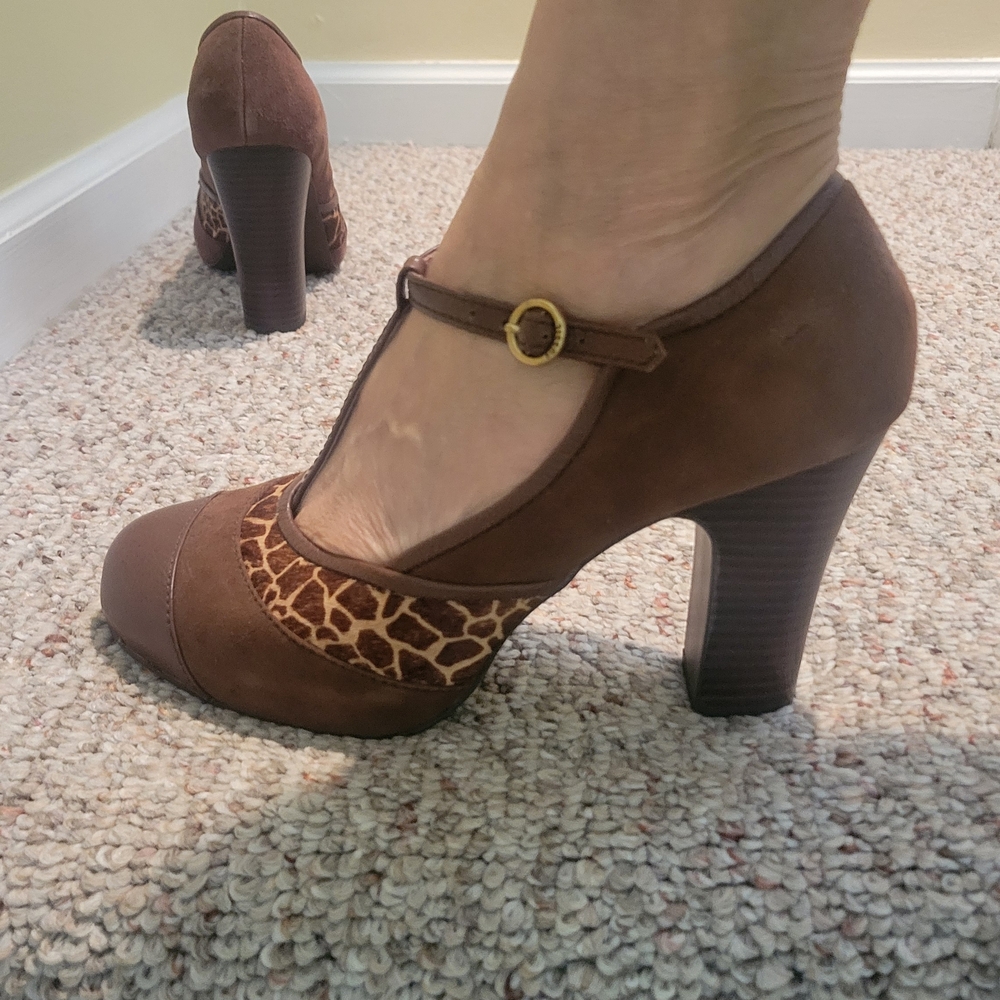 Fossil Brown Heels with Animal Print Accent